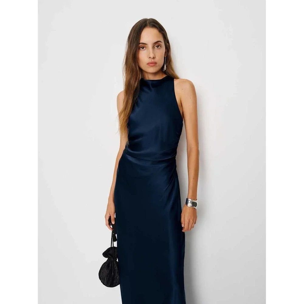 Reformation Anais Silk Maxi Dress Navy Blue Open Back High Neck Formal Gown NEW - Picture 4 of 7